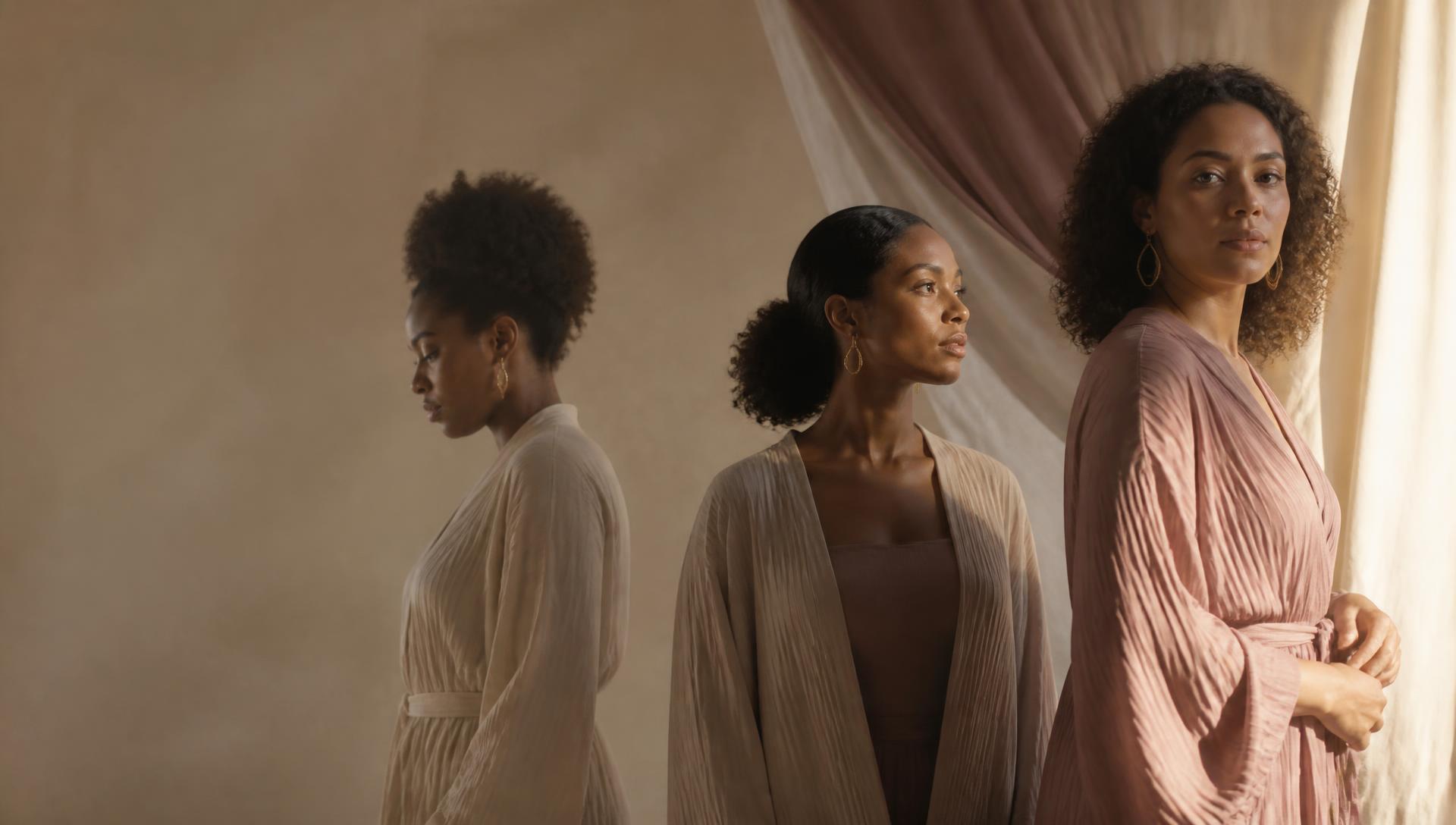 Three women pictured together — one reflecting quietly, one turning toward the light, and one standing in warm golden light with quiet confidence.